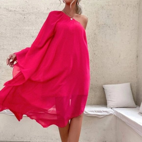 . Dresses & Skirts - One Shoulder Batwing Sleeve Contemporary Dress HOT PINK